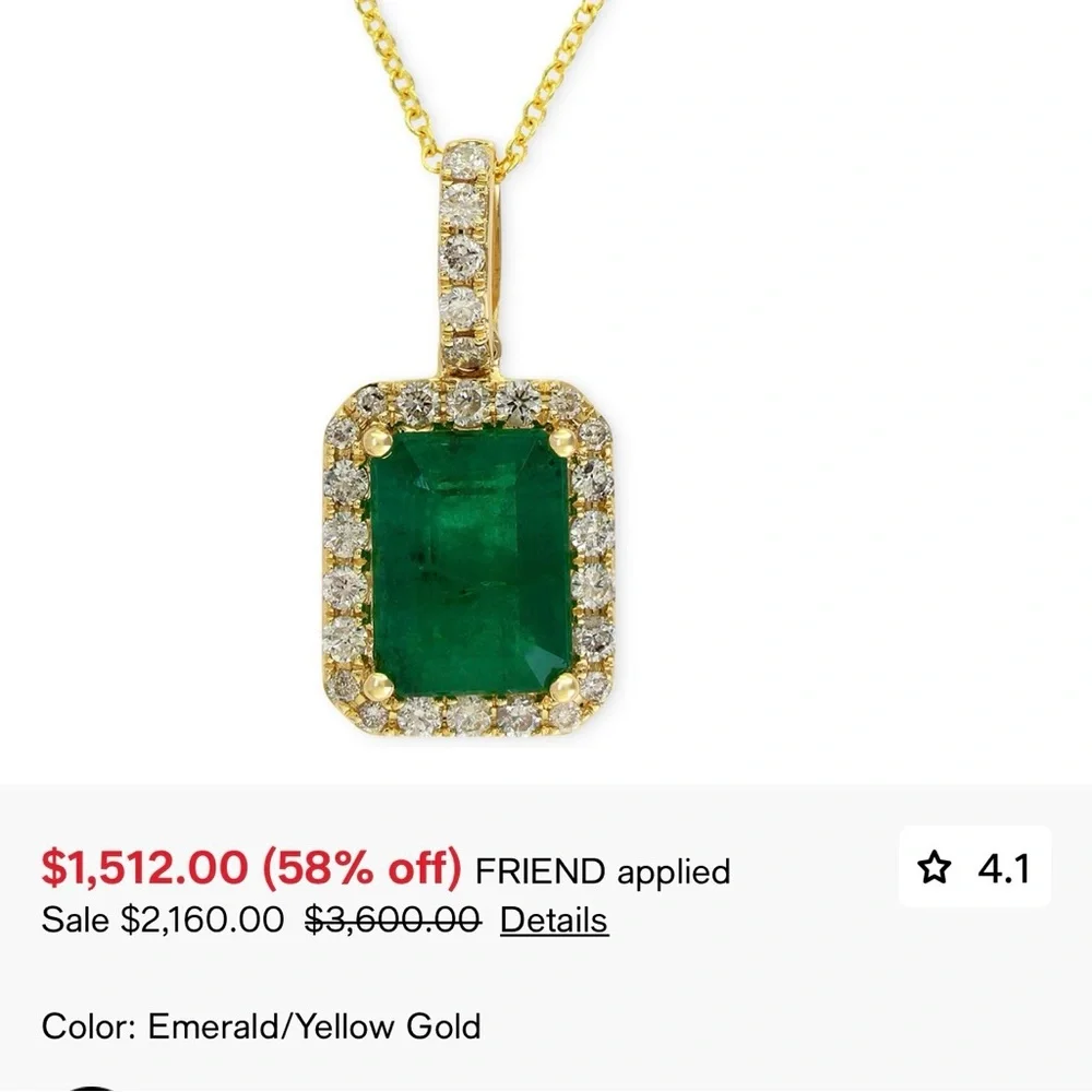 Authentic EFFY Natural Emerald & Diamond Pendant 14K gold and gold chain